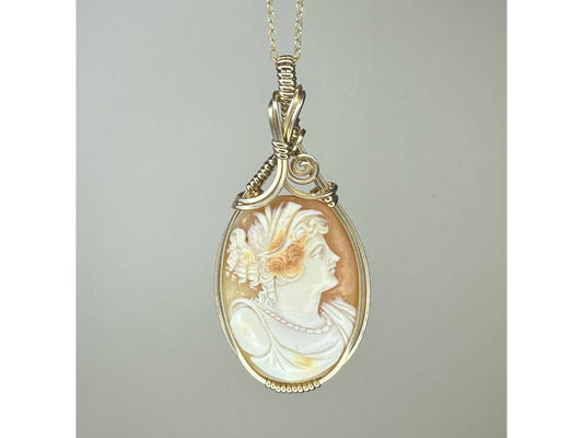 Wire-Wrapped Antique Victorian/Edwardian Carved Shell Cameo Depicting Goddess Demeter Pendant in 14k Goldfilled Wire