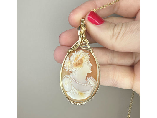 Wire-Wrapped Antique Victorian/Edwardian Carved Shell Cameo Depicting Goddess Demeter Pendant in 14k Goldfilled Wire