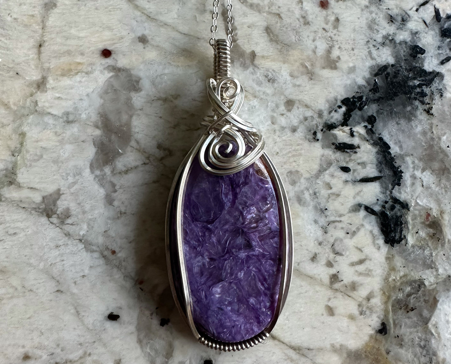 Wire-Wrapped Charoite Pendant in Sterling Silver