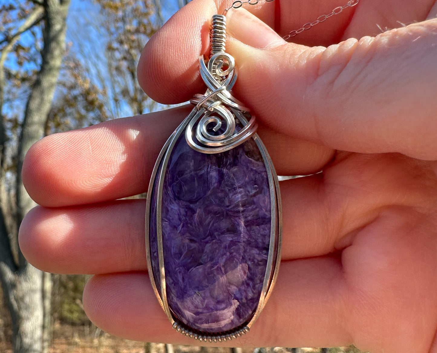 Wire-Wrapped Charoite Pendant in Sterling Silver