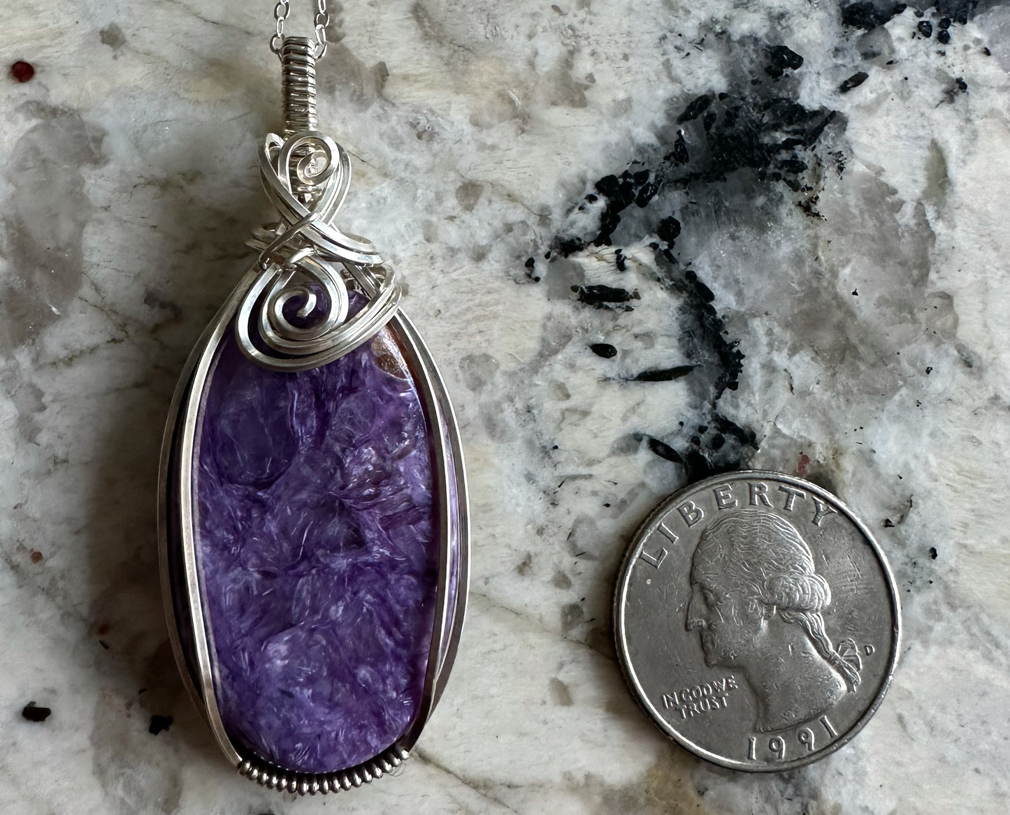 Wire-Wrapped Charoite Pendant in Sterling Silver