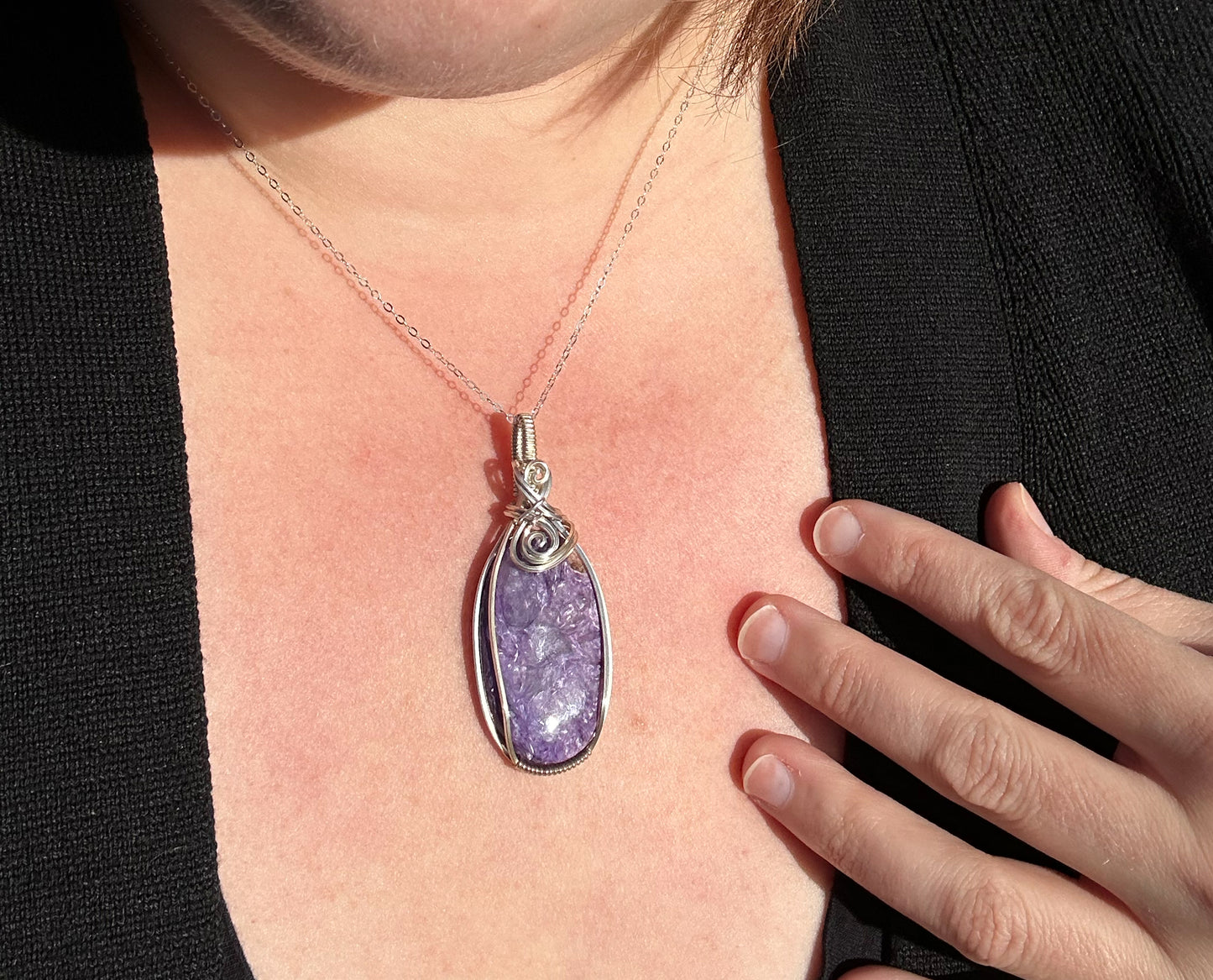 Wire-Wrapped Charoite Pendant in Sterling Silver