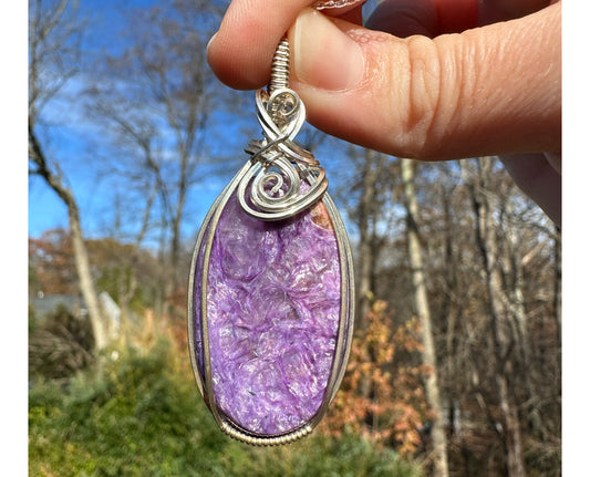 Wire-Wrapped Charoite Pendant in Sterling Silver