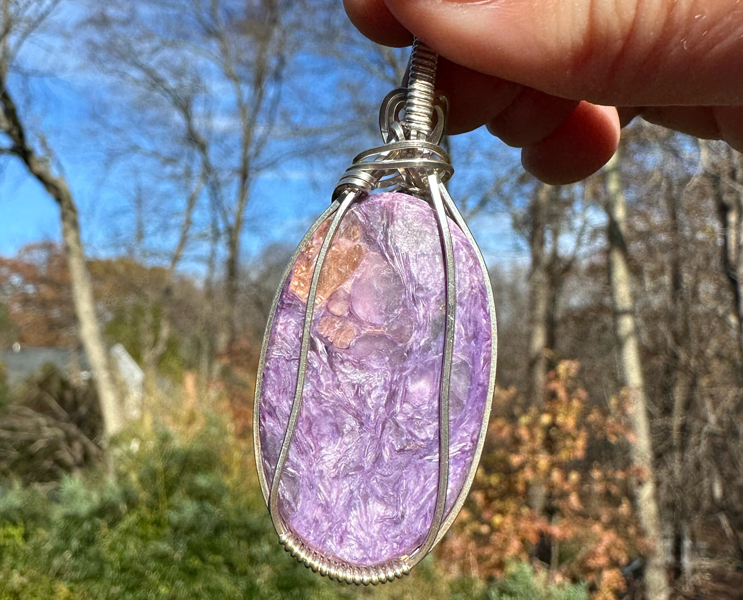 Wire-Wrapped Charoite Pendant in Sterling Silver