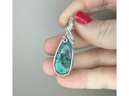 Parrot Wing Chrysocolla Wire-Wrapped Pendant in Sterling Silver Wire