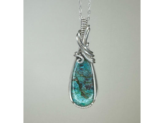 Parrot Wing Chrysocolla Wire-Wrapped Pendant in Sterling Silver Wire