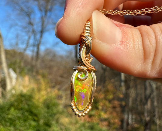 14k Goldfilled Wire-Wrapped Ethiopian Opal Pendant