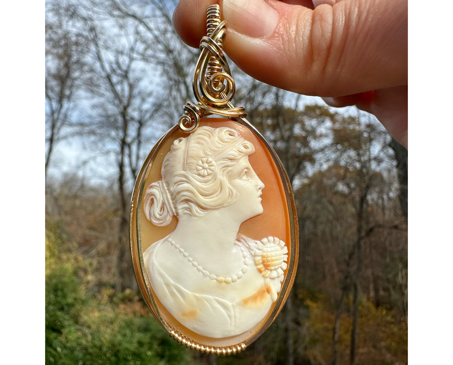 14k Goldfilled Wire-Wrapped Antique 1920s Carved Shell Cameo of Flapper Woman