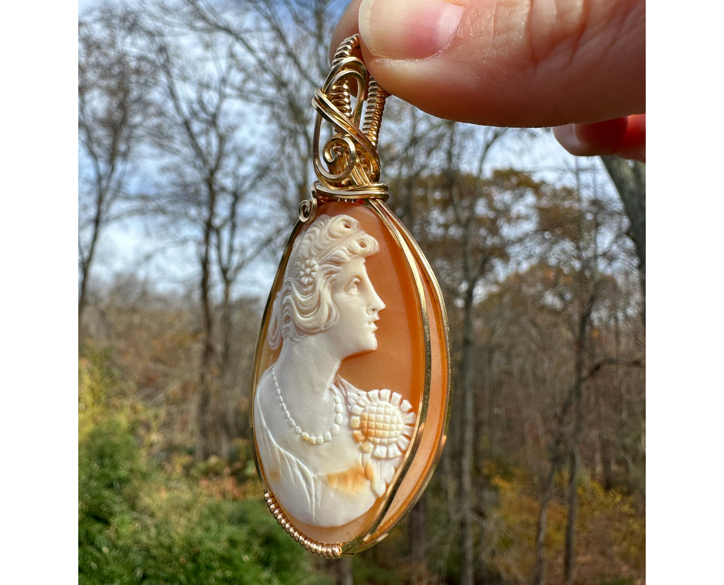 14k Goldfilled Wire-Wrapped Antique 1920s Carved Shell Cameo of Flapper Woman