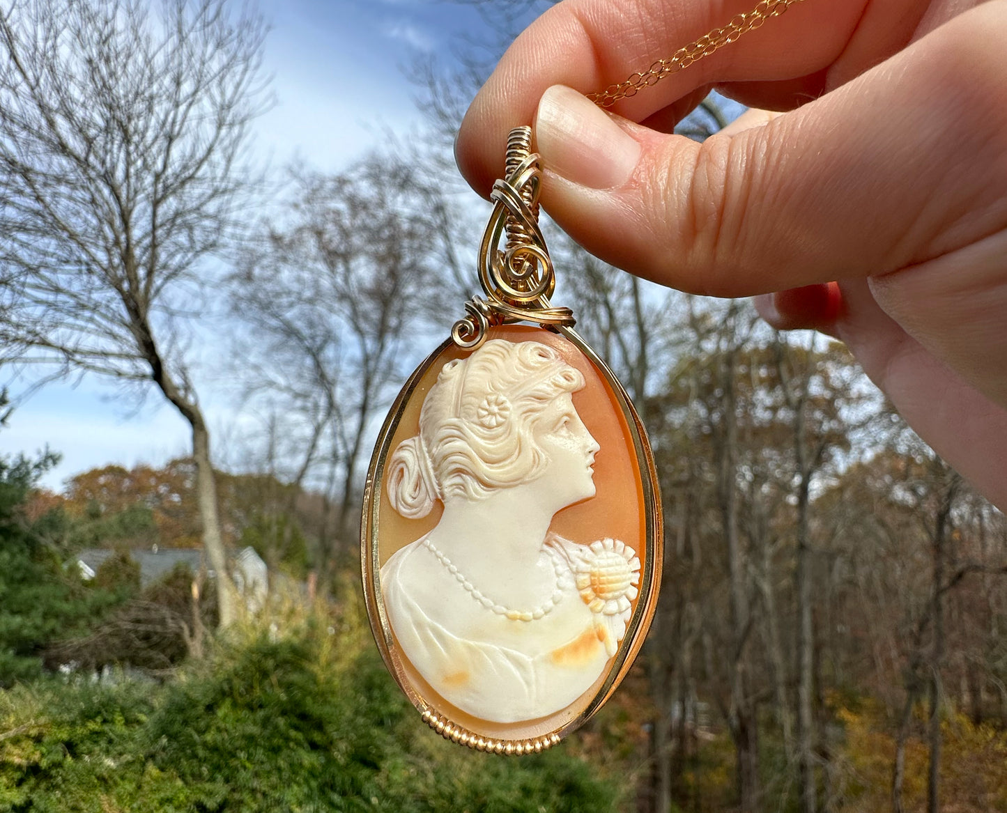 14k Goldfilled Wire-Wrapped Antique 1920s Carved Shell Cameo of Flapper Woman