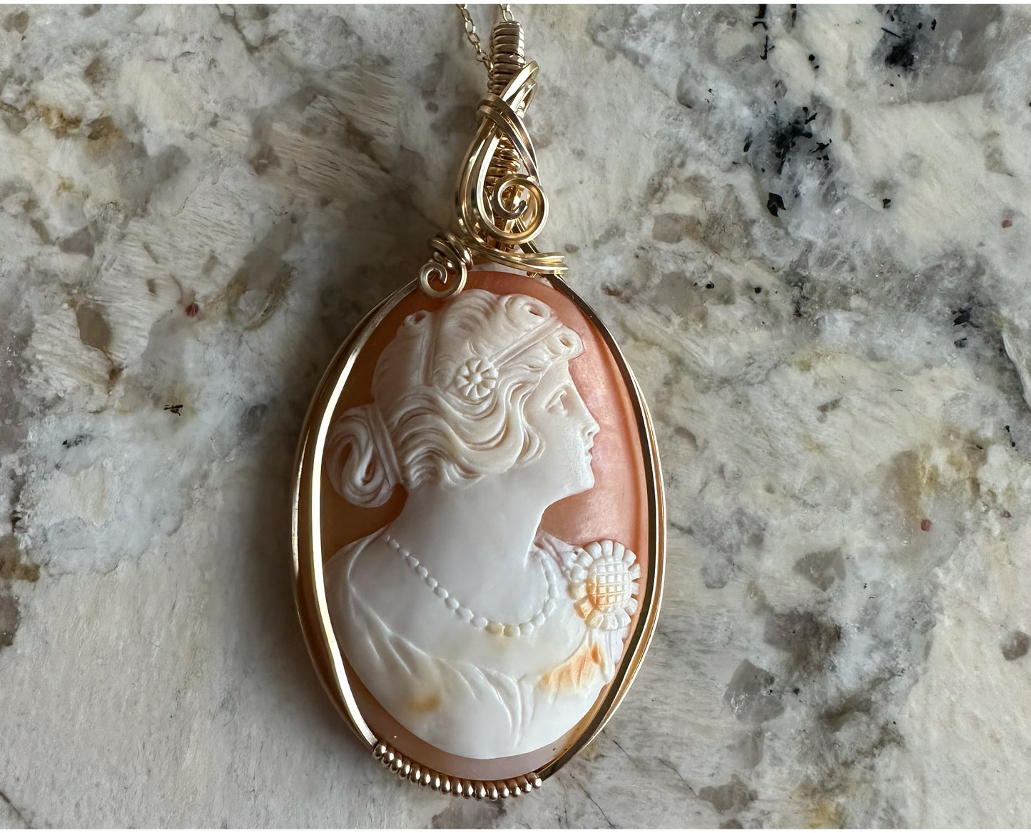 14k Goldfilled Wire-Wrapped Antique 1920s Carved Shell Cameo of Flapper Woman