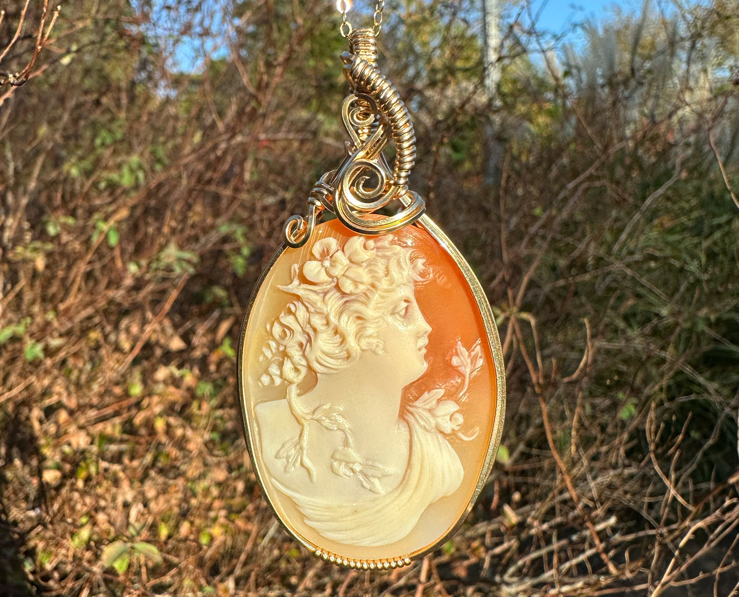 14k Goldfilled Wire-Wrapped Antique Carved Shell Cameo of Goddess Flora