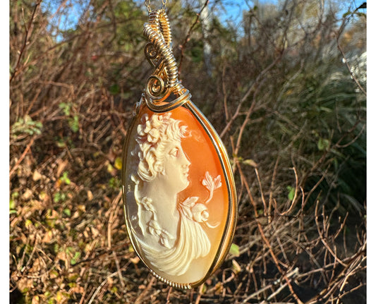 14k Goldfilled Wire-Wrapped Antique Carved Shell Cameo of Goddess Flora