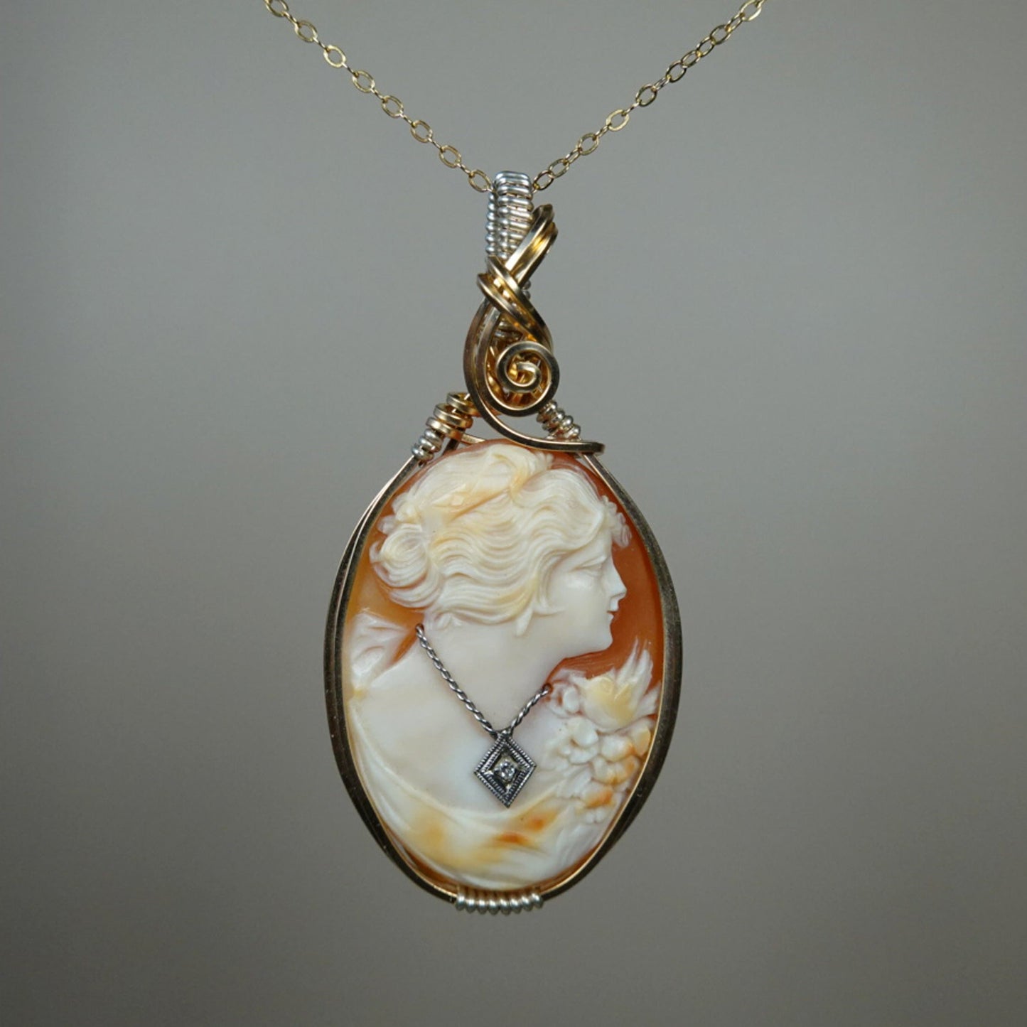 Antique Art Deco Carved Shell Habillé (Dressed) Cameo Wrapped in 14k Goldfilled and Sterling Silver Wire