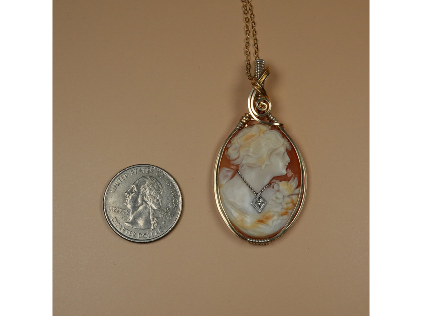 Antique Art Deco Carved Shell Habillé (Dressed) Cameo Wrapped in 14k Goldfilled and Sterling Silver Wire