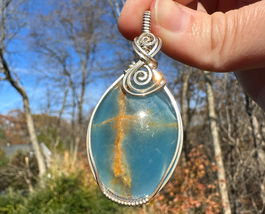 Wire-Wrapped Lemurian Blue Aquatine Calcite Pendant in Sterling Silver