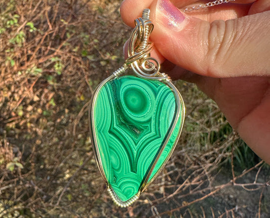 14k Goldfill and Sterling Silver Wire-Wrapped Malachite Pendant