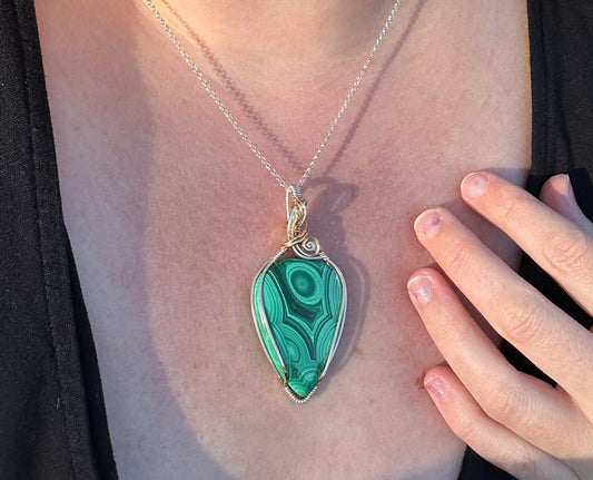 14k Goldfill and Sterling Silver Wire-Wrapped Malachite Pendant