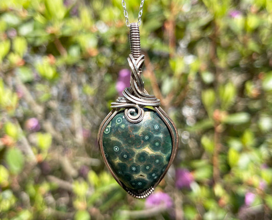 Wire-Wrapped Orbicular Kabamby Green Ocean Jasper Pendant in Sterling Silver