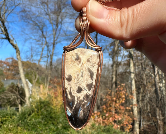 Wire-Wrapped Fossilized Palm Root Pendant in Copper