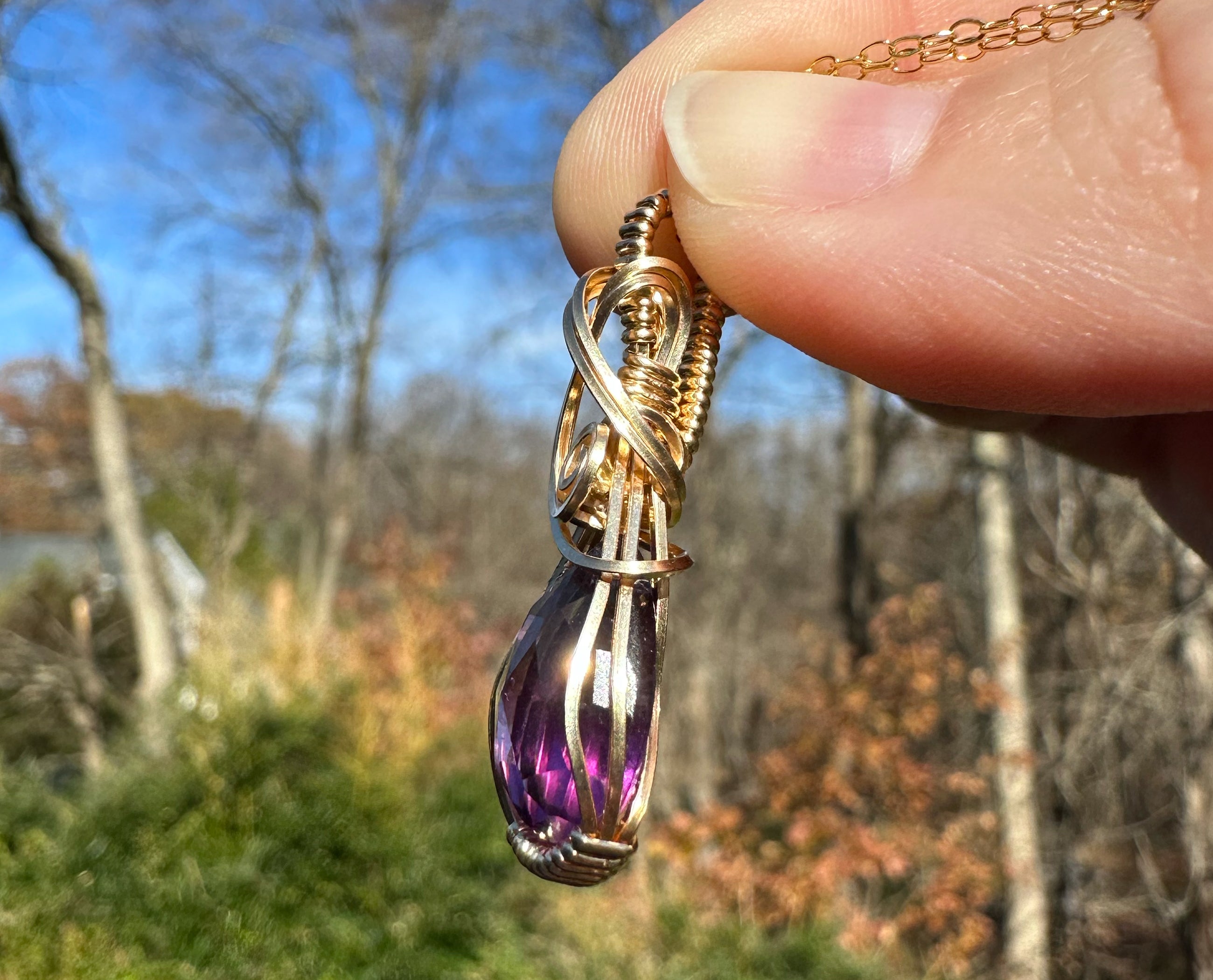 Rosecut amethyst and copper pendant with white topaz accent hand woven outlets wire wrapped one of a kind necklace February birthstone crystal gift