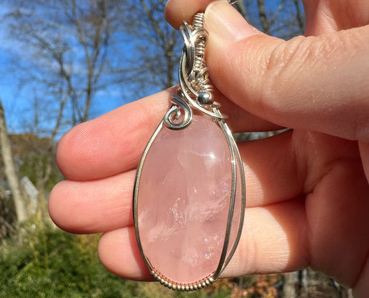 Wire-Wrapped Rose Quartz Pendant in Sterling Silver