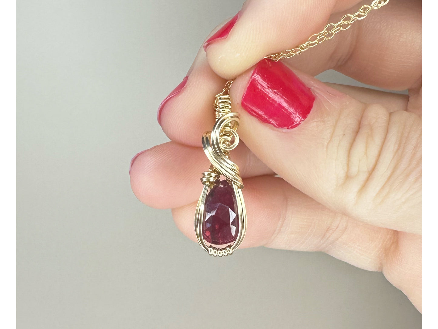 Rosecut Ruby Wire-Wrapped Pendant in 14k Gold-Filled Wire