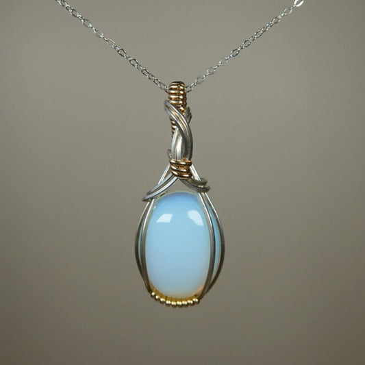 Opalite Glass Pendant Wrapped in Sterling Silver and 14k Goldfilled Wire