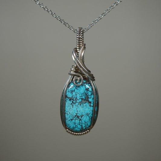 Wire-Wrapped Vintage Blue Turquoise Pendant in Sterling Silver