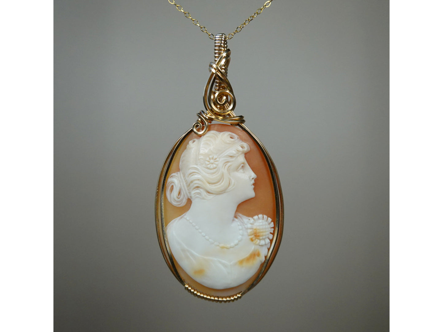 14k Goldfilled Wire-Wrapped Antique 1920s Carved Shell Cameo of Flapper Woman