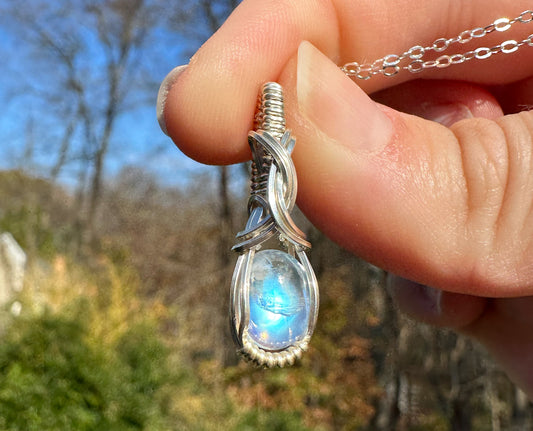 Sterling Silver Wire-Wrapped Rainbow Moonstone Pendant