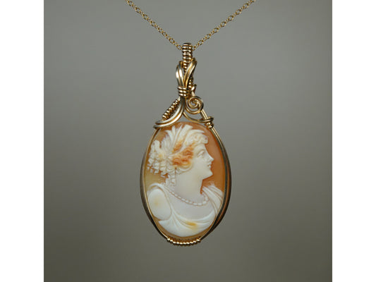 Wire-Wrapped Antique Victorian/Edwardian Carved Shell Cameo Depicting Goddess Demeter Pendant in 14k Goldfilled Wire