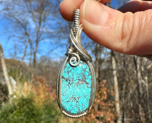 Wire-Wrapped Vintage Blue Turquoise Pendant in Sterling Silver