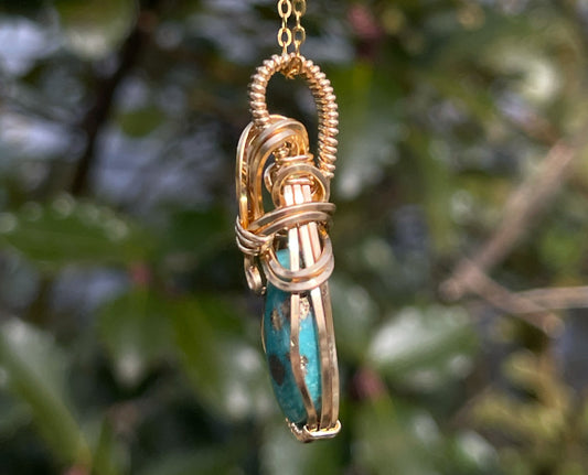 Wire-Wrapped White Water Turquoise with Pyrite Pendant in 14k Goldfill