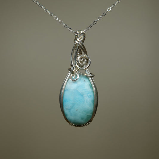 Natural Larimar Pendant Wire-Wrapped in Sterling Silver