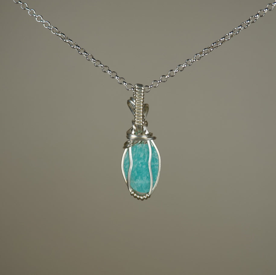 Rosecut Amazonite Pendant Wire-Wrapped in Sterling Silver