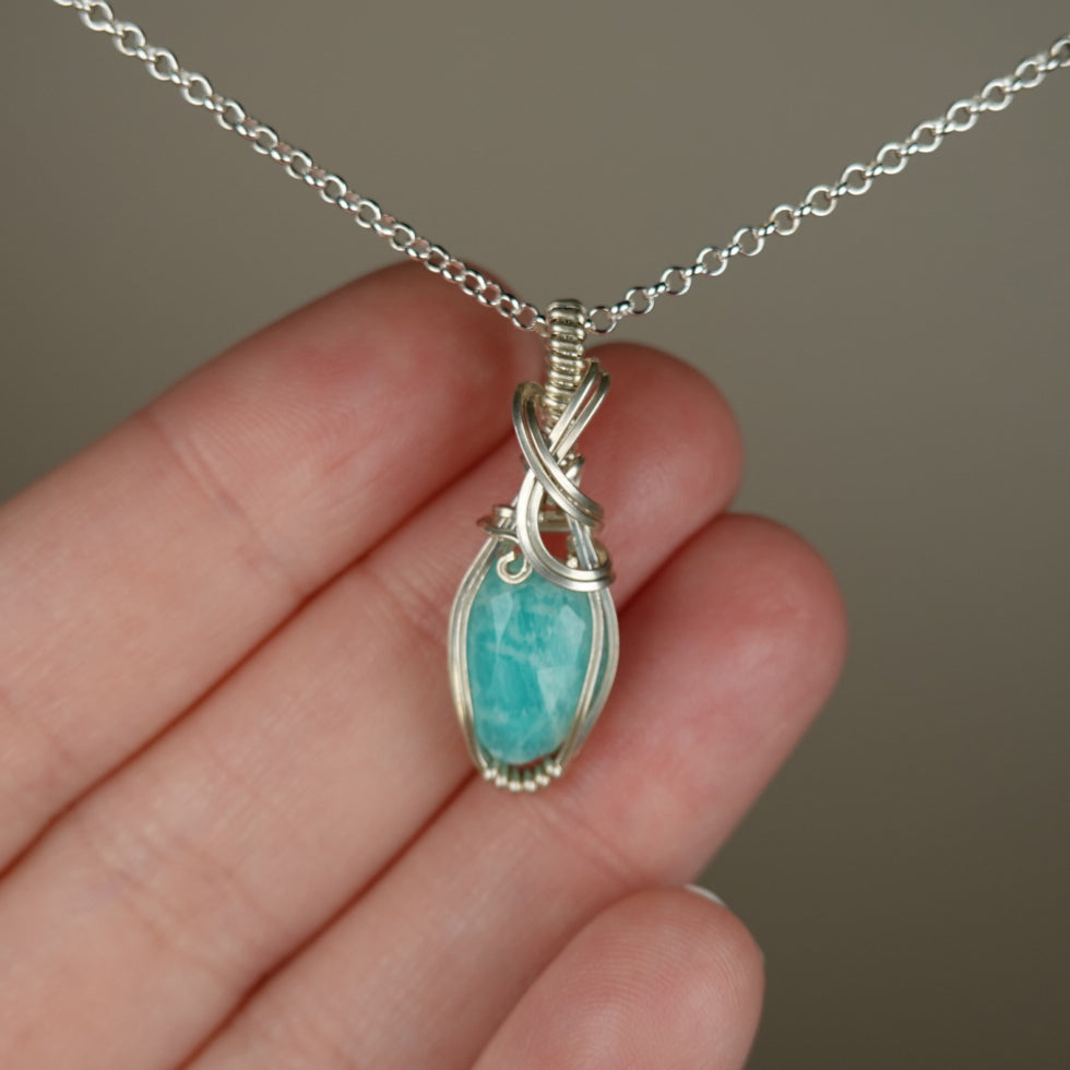 Rosecut Amazonite Pendant Wire-Wrapped in Sterling Silver