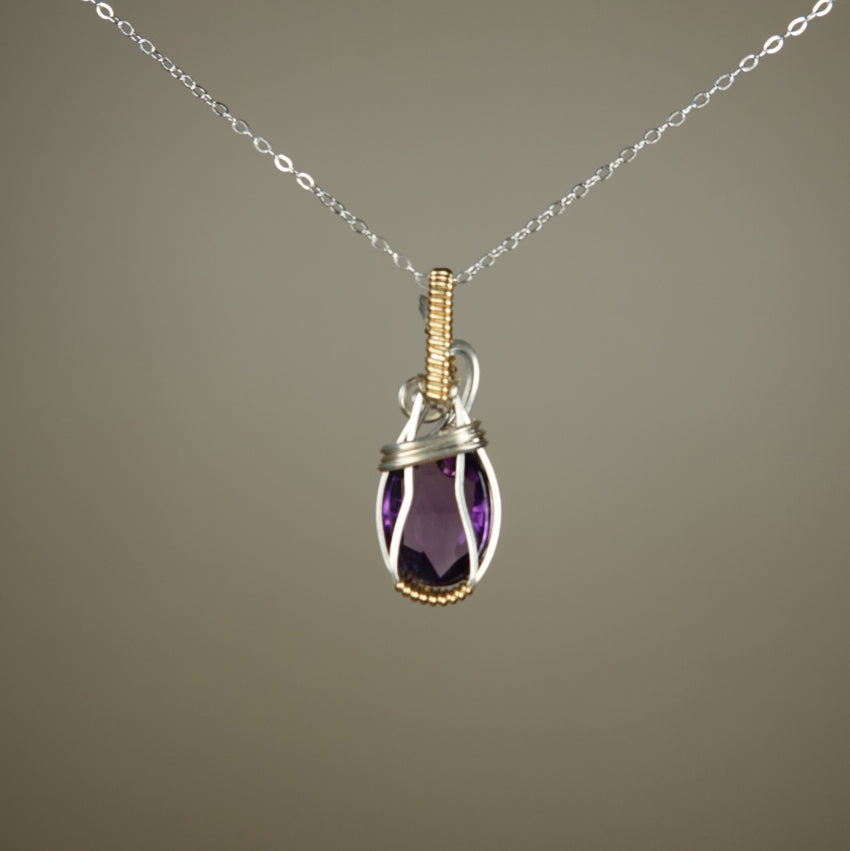 Rosecut Amethyst Pendant Wire-Wrapped in Sterling Silver and 14k Goldfilled Wire