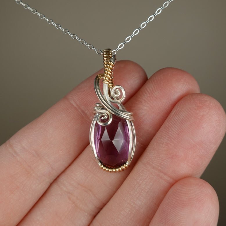 Rosecut Amethyst Pendant Wire-Wrapped in Sterling Silver and 14k Goldfilled Wire