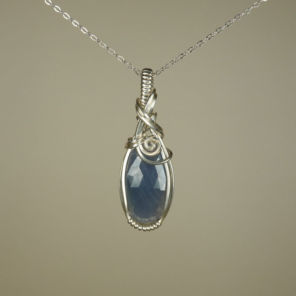 Blue Sapphire Pendant Wire-Wrapped in Sterling Silver