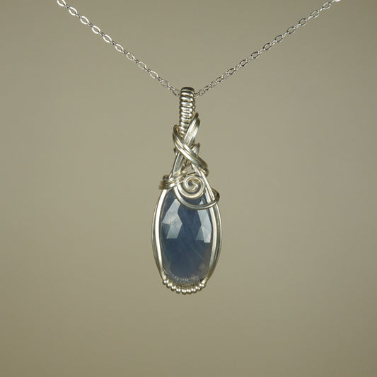 Blue Sapphire Pendant Wire-Wrapped in Sterling Silver