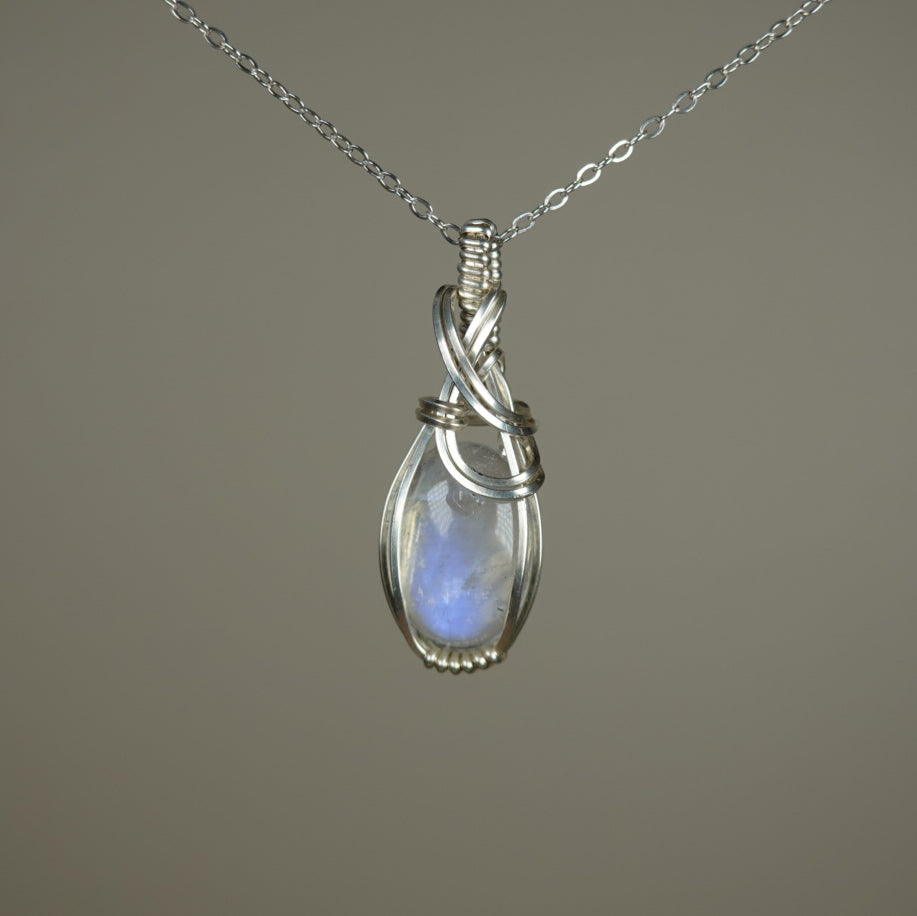 Blue Rainbow Moonstone Pendant Wire-Wrapped in Sterling Silver Wire