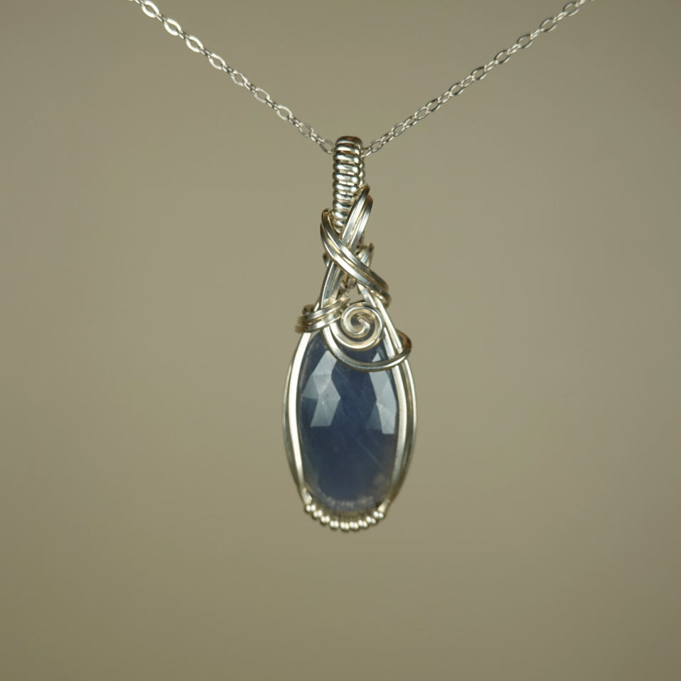 Blue Sapphire Pendant Wire-Wrapped in Sterling Silver