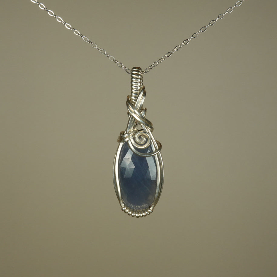 Blue Sapphire Pendant Wire-Wrapped in Sterling Silver