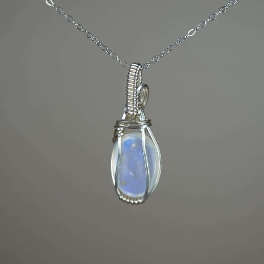 Blue Rainbow Moonstone Pendant Wire-Wrapped in Sterling Silver Wire