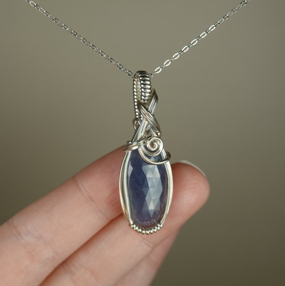 Blue Sapphire Pendant Wire-Wrapped in Sterling Silver