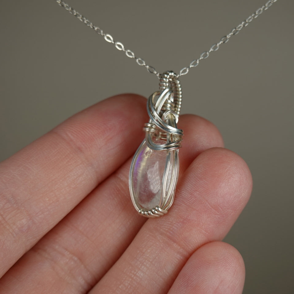 Blue Rainbow Moonstone Pendant Wire-Wrapped in Sterling Silver Wire