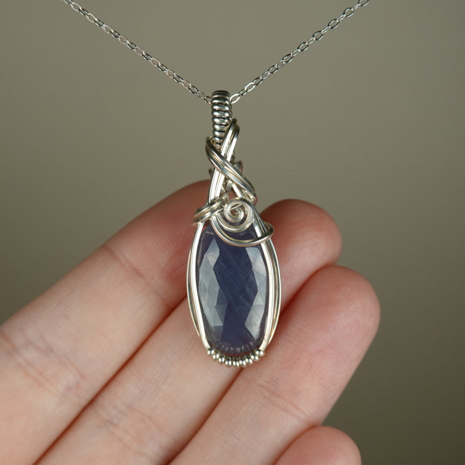 Blue Sapphire Pendant Wire-Wrapped in Sterling Silver