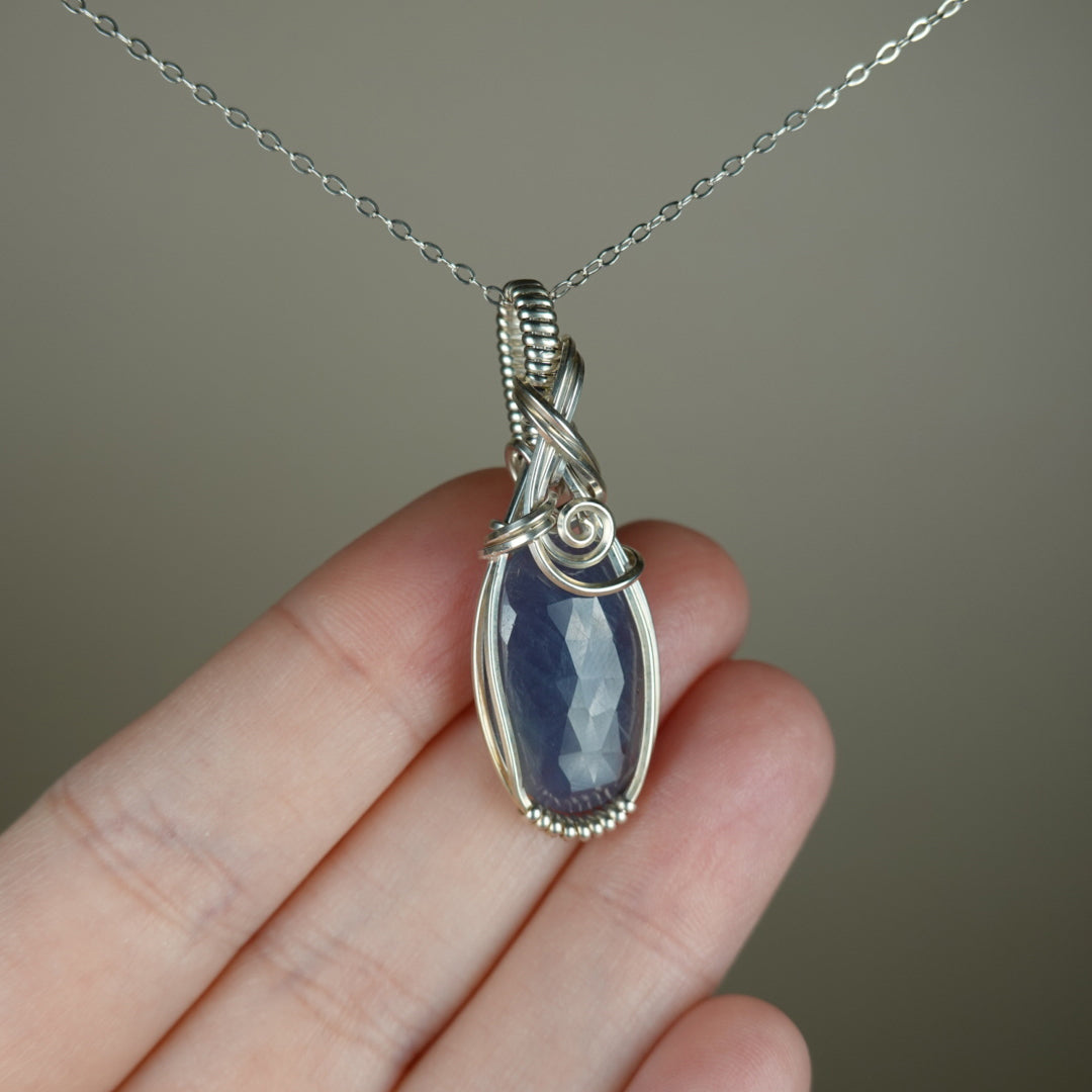 Blue Sapphire Pendant Wire-Wrapped in Sterling Silver