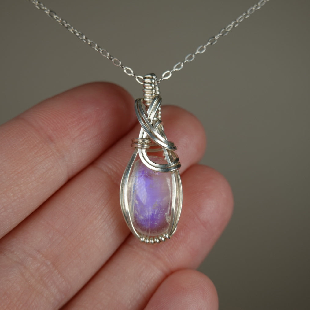 Blue Rainbow Moonstone Pendant Wire-Wrapped in Sterling Silver Wire